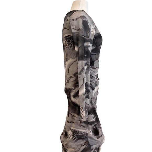 NWT Reitmans sheer Womens Long-Sleeve Ruched Bodycon Dress Black & Gray Marble M - Picture 6 of 13